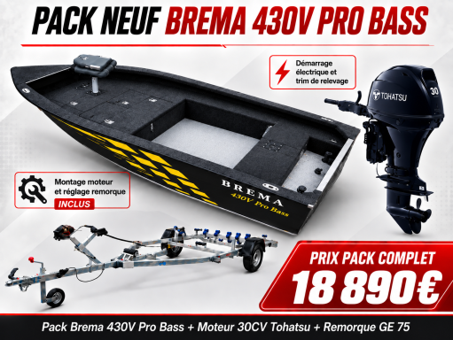 Pack Brema 430V Pro Bass - Tohatsu 30 CV Pack Brema 430V Pro Bass avec moteur Tohatsu 30 CV et remorque GE 75